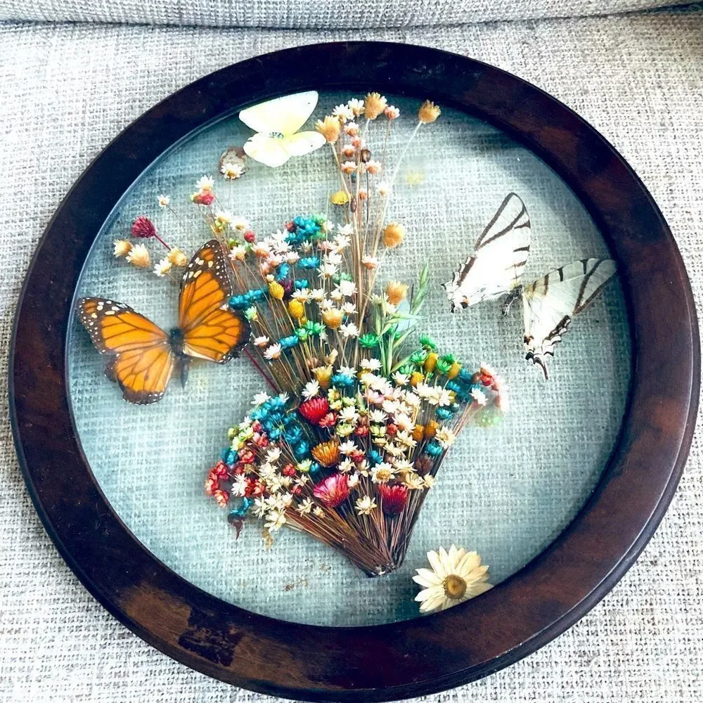 Vintage Dried Floral Butterfly Wood Framed Decor